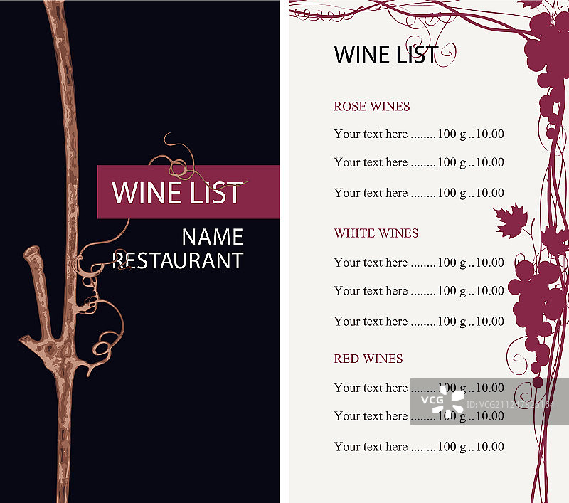 带有葡萄枝和价格表的葡萄酒单图片素材