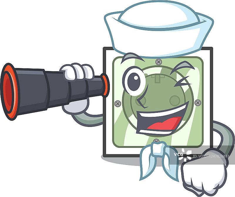 戴着双筒望远镜的水手和木制电源插座图片素材