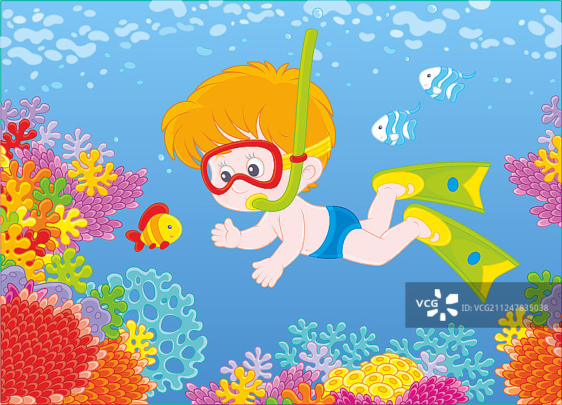 珊瑚礁上的小潜水员图片素材