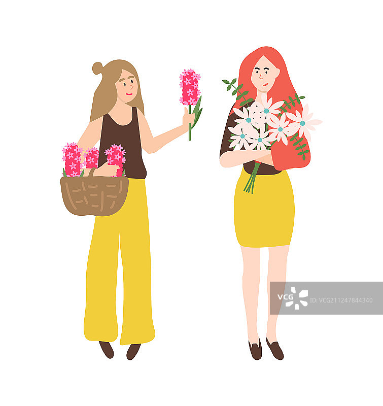 女人欣赏美丽的粉色风信子花图片素材