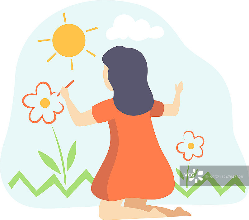 穿着红色连衣裙在墙上画花的可爱女孩图片素材