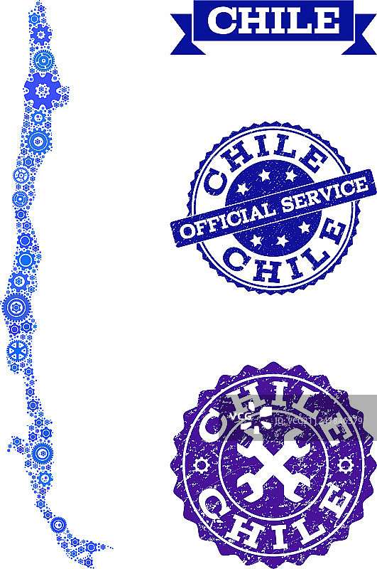 带有齿轮和复古印章的智利地图拼贴图片素材