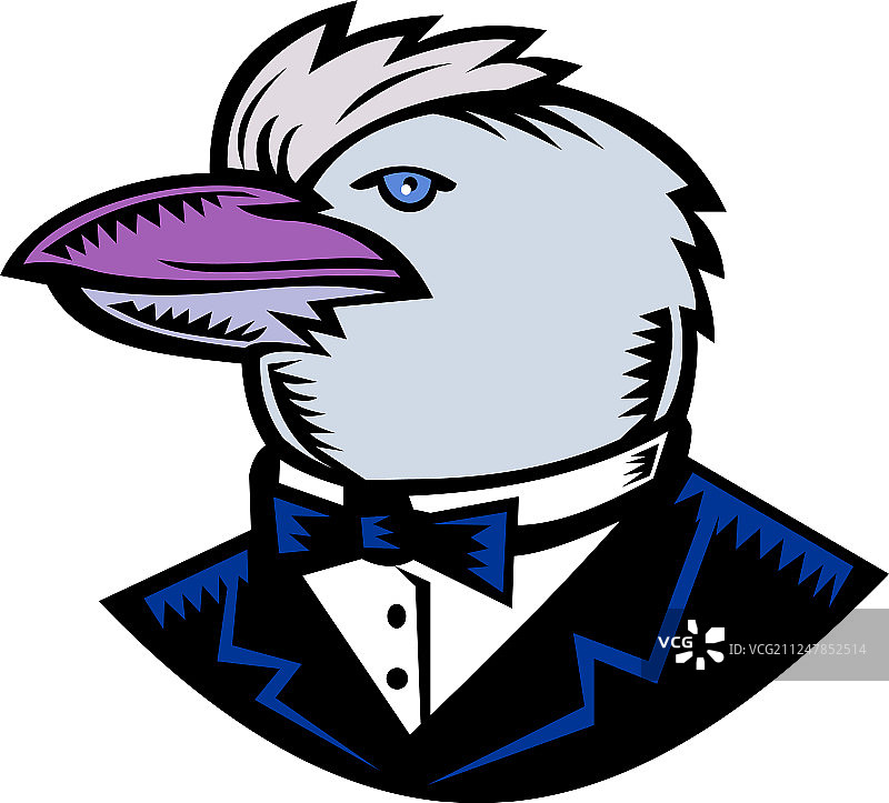 穿着燕尾服的笑翠鸟木刻彩色图片素材