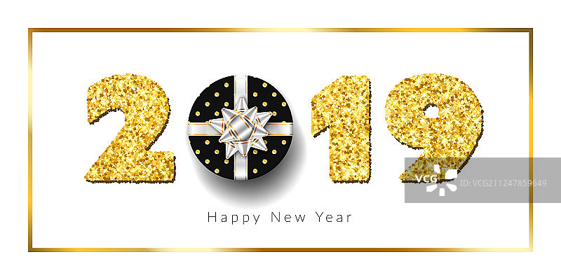 3D礼盒彩带蝴蝶结金色新年贺卡图片素材