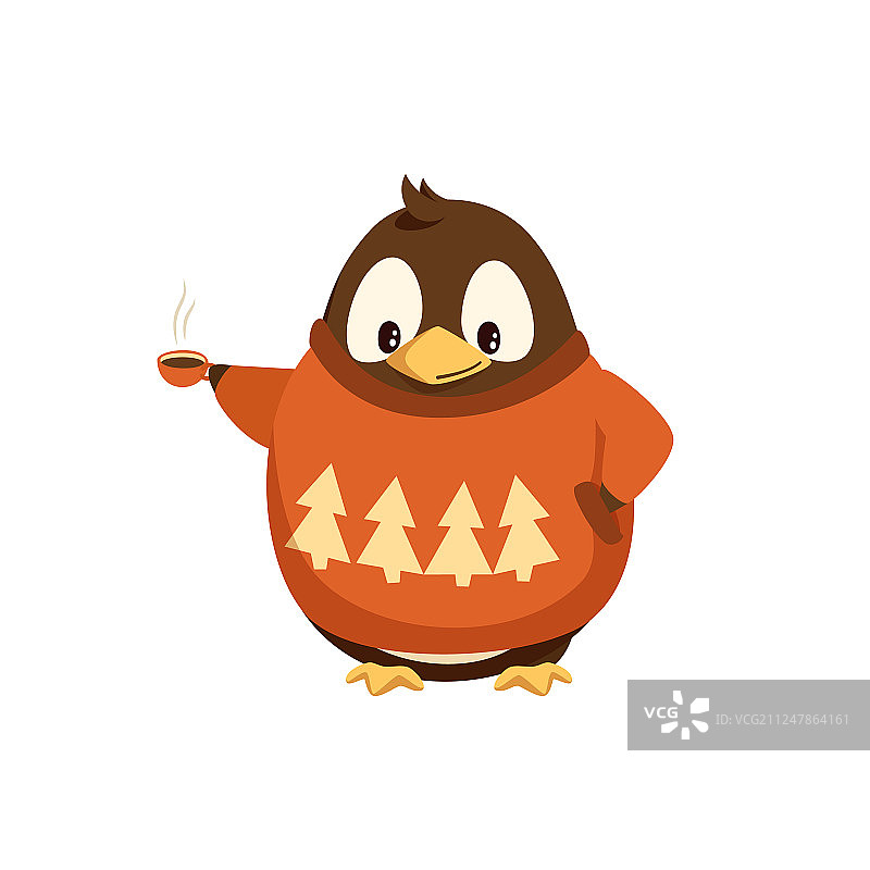 穿着毛衣拿着热咖啡杯的企鹅图片素材