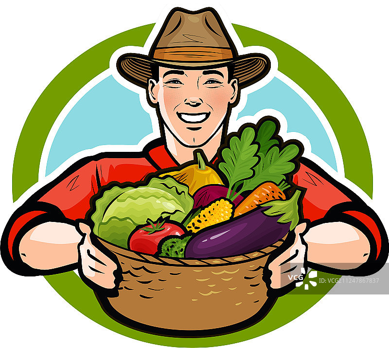 快乐的农民拿着装满新鲜农产品的柳条篮子图片素材