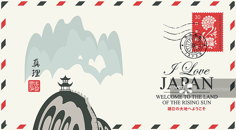 带有日本风景和宝塔的邮政信封图片素材