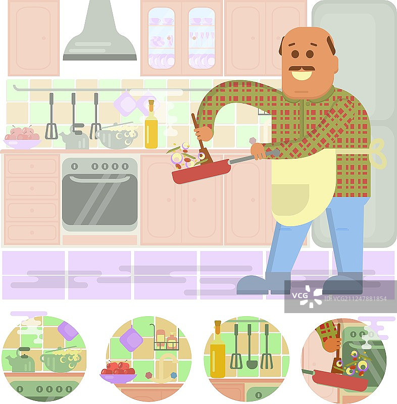 拿着煎锅的肥胖秃顶男人图片素材