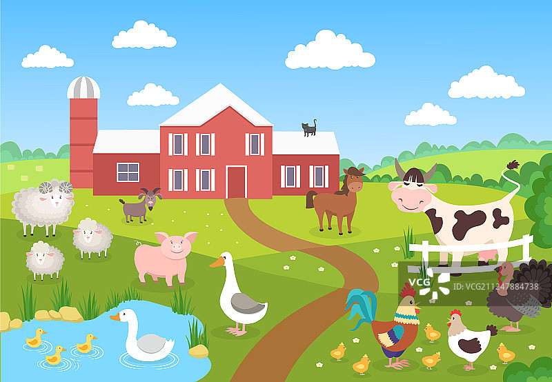 有景观的农场动物：马、猪、鸭图片素材