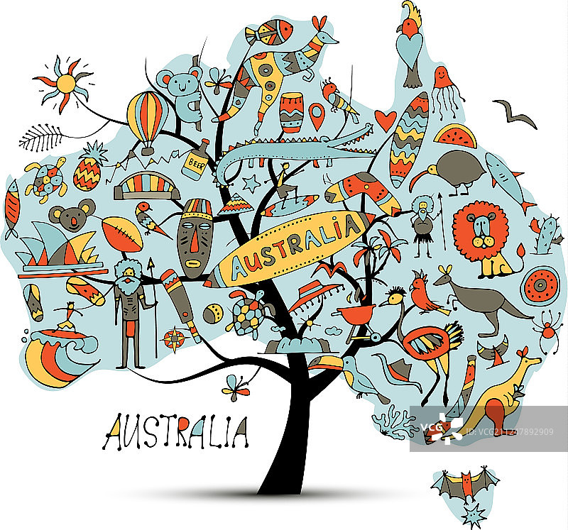 带有图标集的澳大利亚地图树素描图片素材