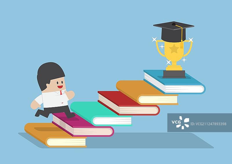 走上书本楼梯去拿奖杯的商人图片素材