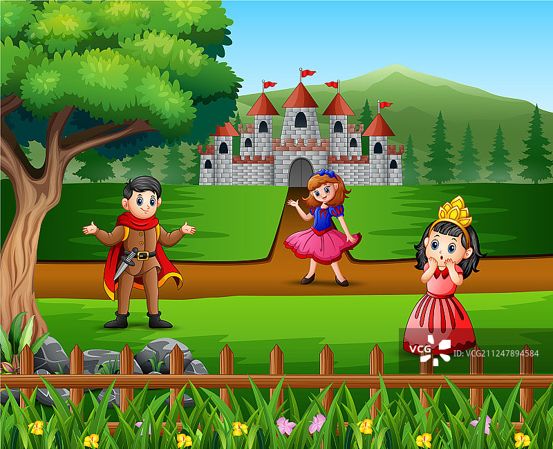 城堡前的卡通王子和公主图片素材