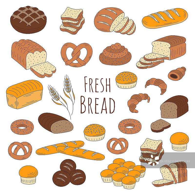 面包店新鲜面包涂鸦风格合集图片素材