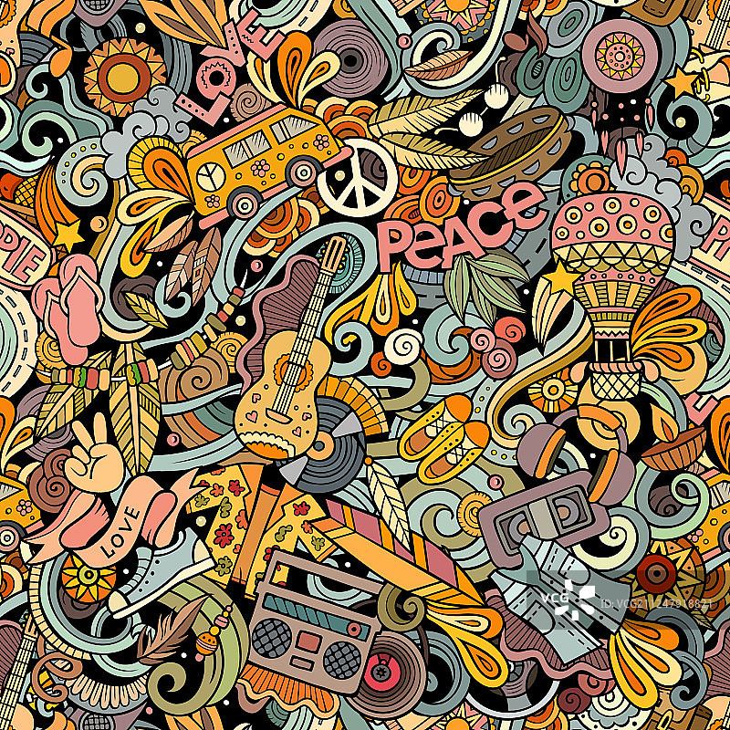 嬉皮手绘涂鸦无缝图案图片素材