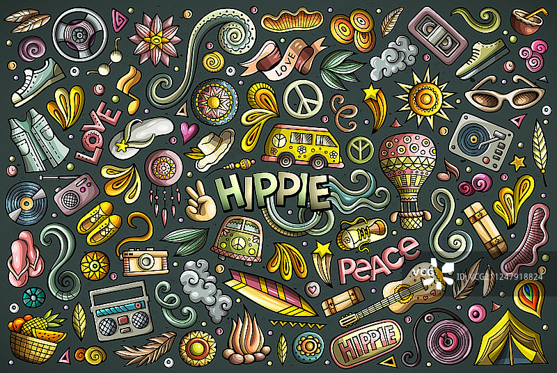嬉皮士物品和符号卡通套装图片素材