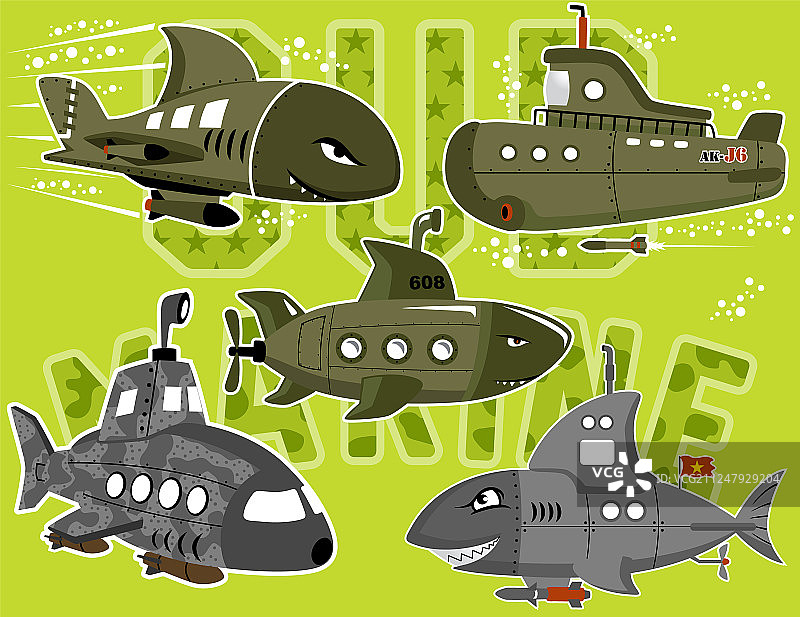 军事潜艇卡通套装图片素材