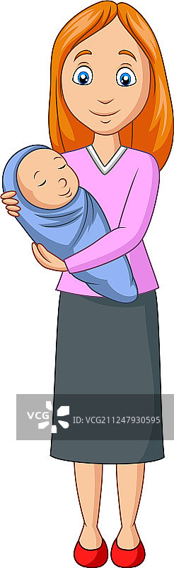 快乐的母亲抱着裹着蓝色襁褓的新生儿图片素材