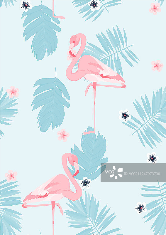 粉色火烈鸟热带叶子花卉图案图片素材