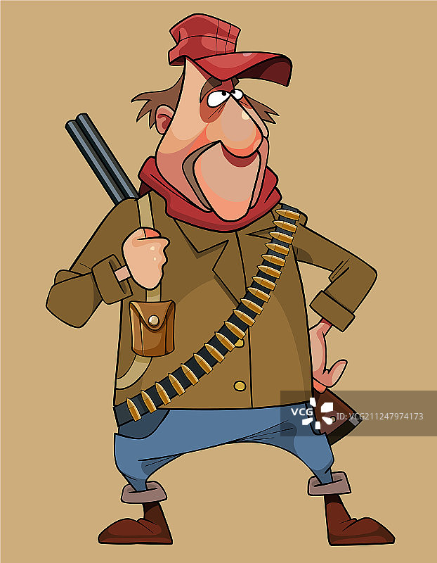 手持双管猎枪的卡通男猎人图片素材