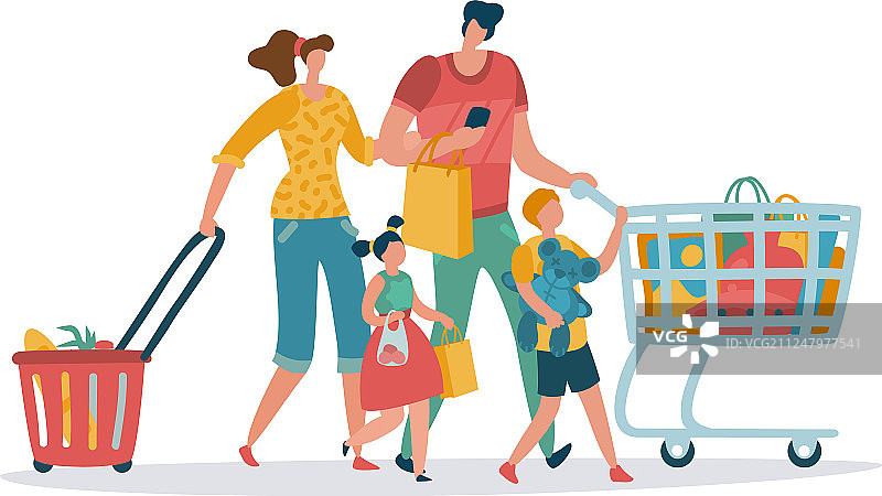 购物家庭（妈妈、爸爸和孩子）与购物篮图片素材
