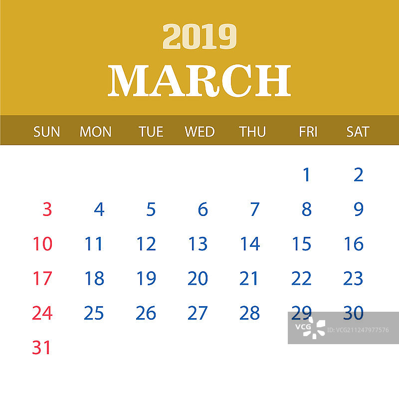 2019年3月日历模板图片素材
