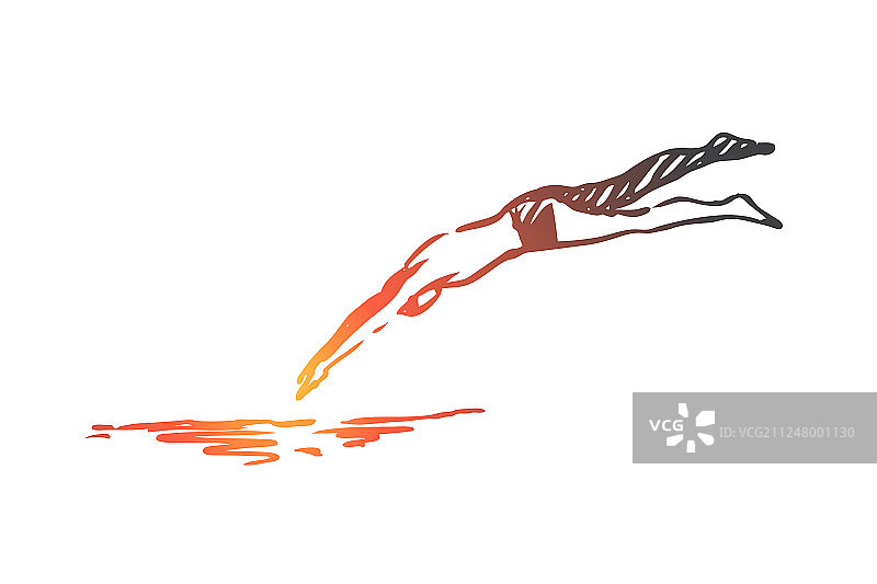 男人跳入水池潜水概念手绘图片素材