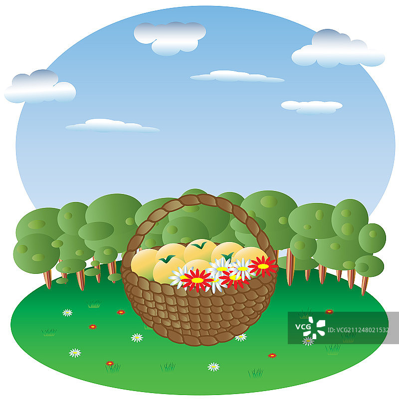 森林空地上装有水果和鲜花的篮子图片素材