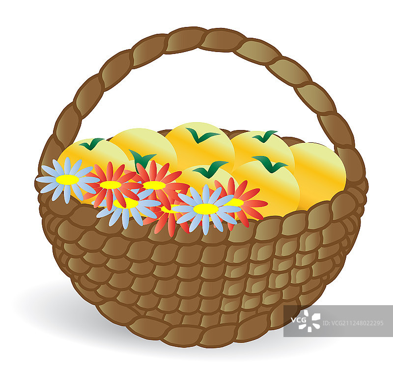 森林空地上装有水果和鲜花的篮子图片素材