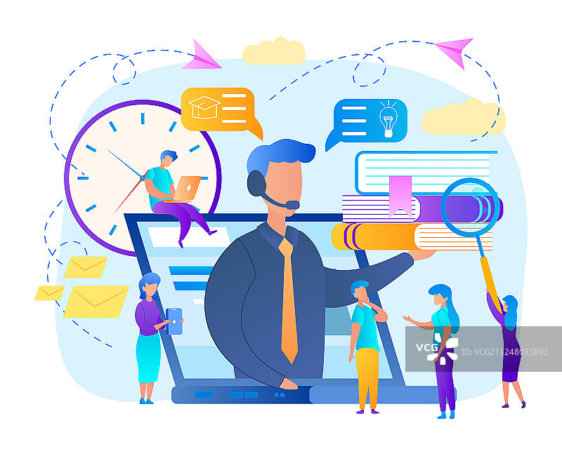 教练戴着耳机通过笔记本电脑屏幕讲话图片素材