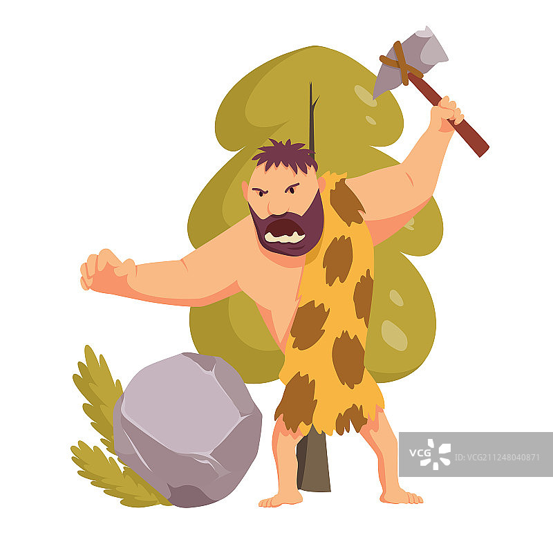 石器时代原始人与石锤扁平图片素材