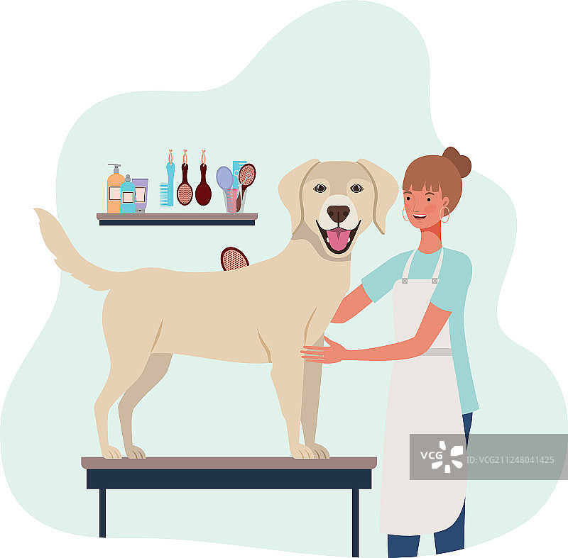 在宠物美容店抱着小狗的年轻女人图片素材