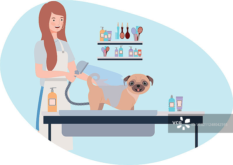 在宠物美容店抱着小狗的年轻女人图片素材