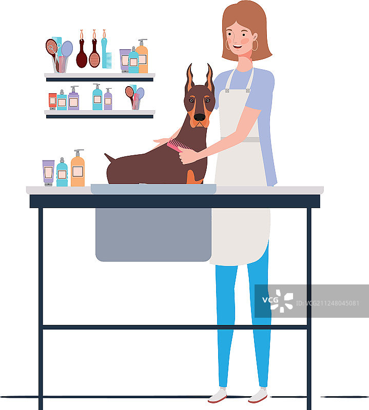 在宠物美容店抱着小狗的年轻女人图片素材