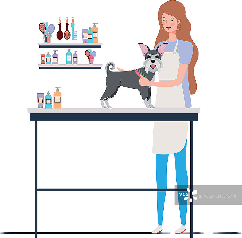 在宠物美容店抱着小狗的年轻女人图片素材