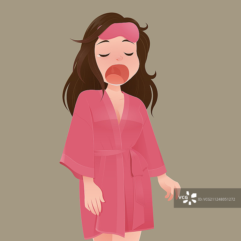 身穿粉色长袍打哈欠的女人图片素材