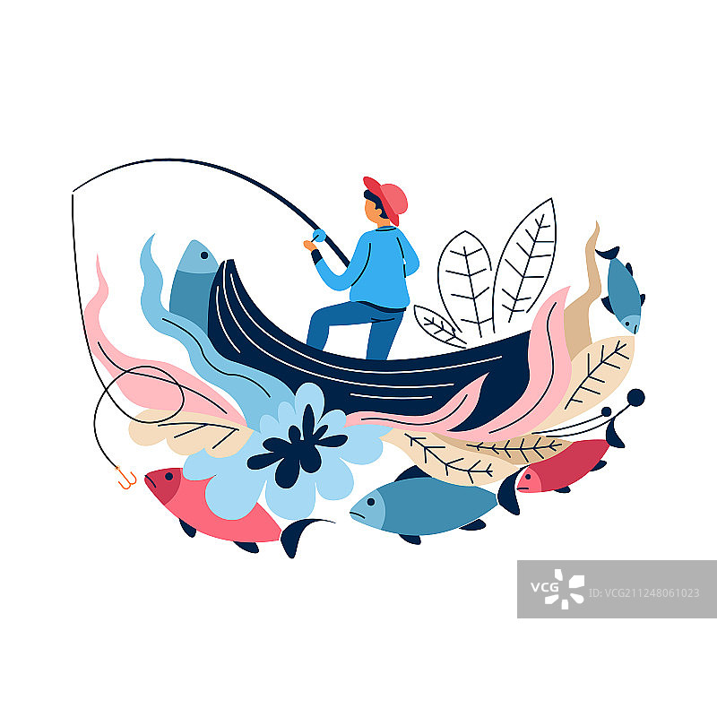 渔夫在船上用鱼竿钓鱼图片素材