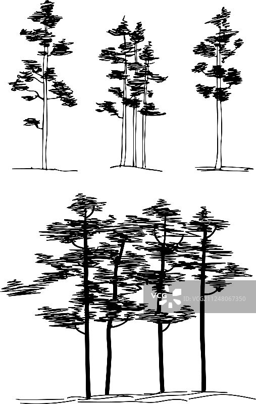 手绘建筑松树素材图片素材