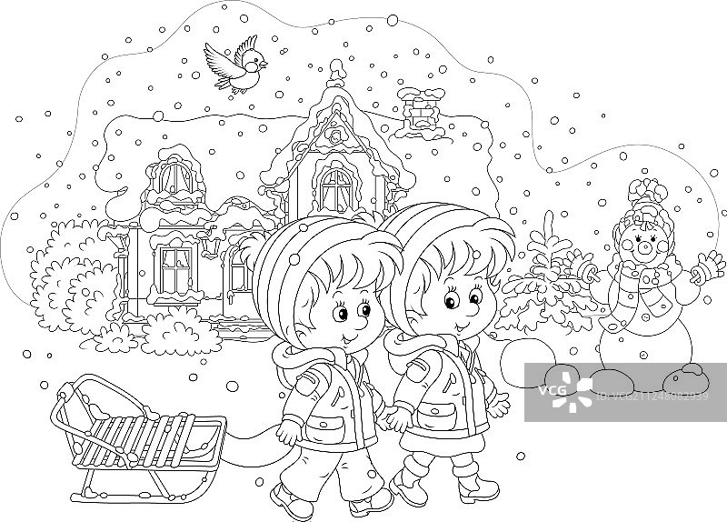 儿童在下雪的冬天玩雪橇图片素材