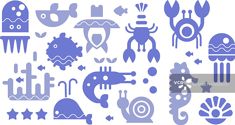 海洋生物蓝色图标可爱海洋生物集合图片素材