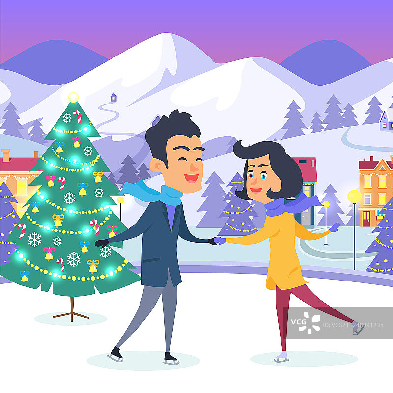 快乐情侣在城市溜冰场上手牵着手图片素材