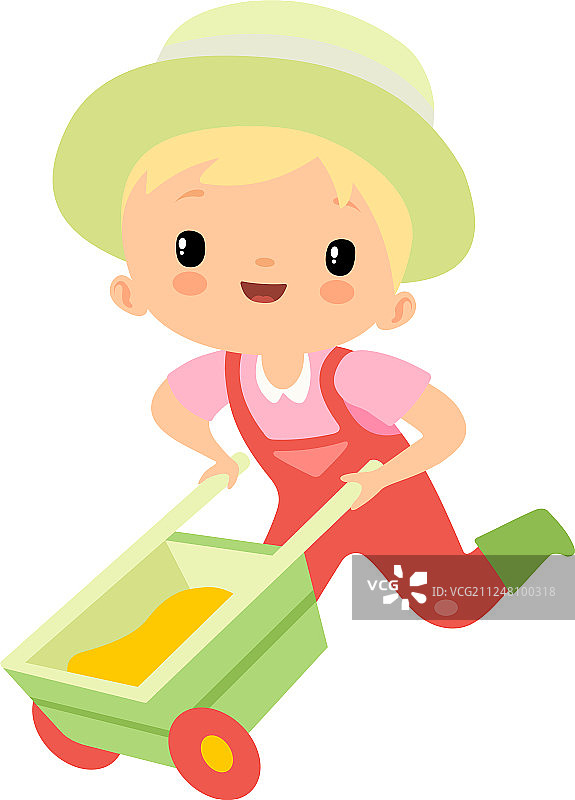 穿着背带裤、橡胶靴和帽子的可爱男孩在推东西图片素材