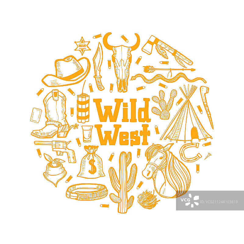 手绘狂野西部元素圆形组合图片素材