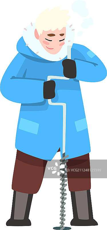 身穿冬装，在户外进行冰钻作业的男人图片素材