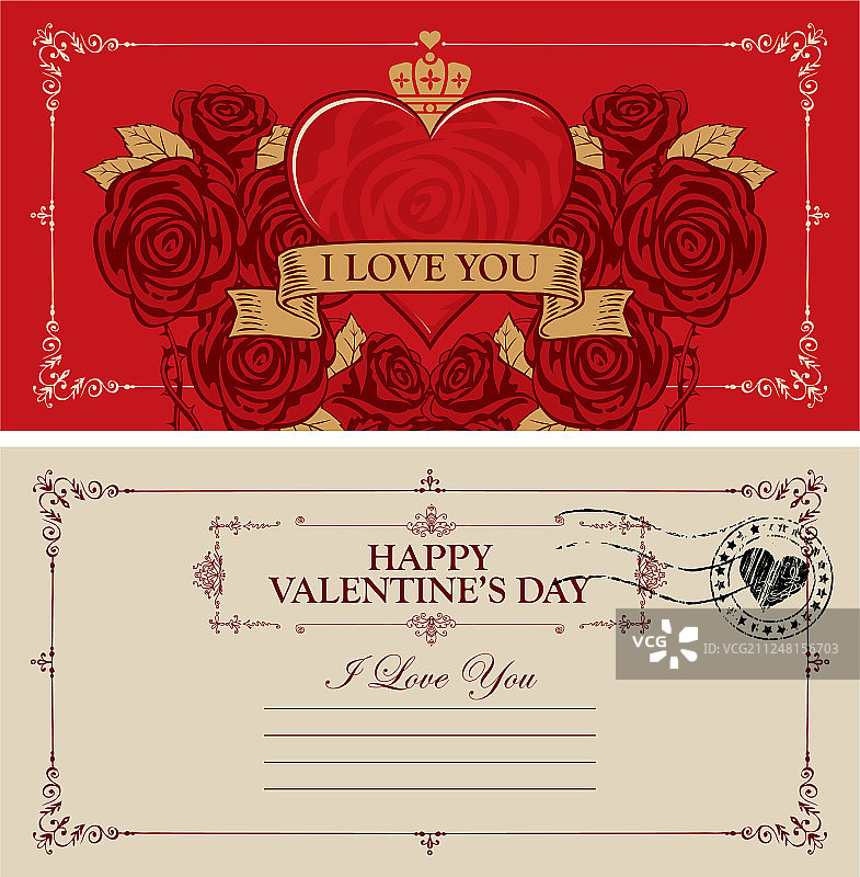 带有红色心形和玫瑰的复古情人节卡片图片素材