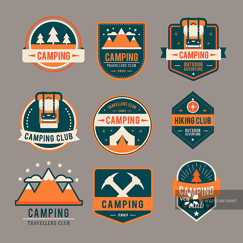 带有徒步装备logo的露营扁平套装图片素材