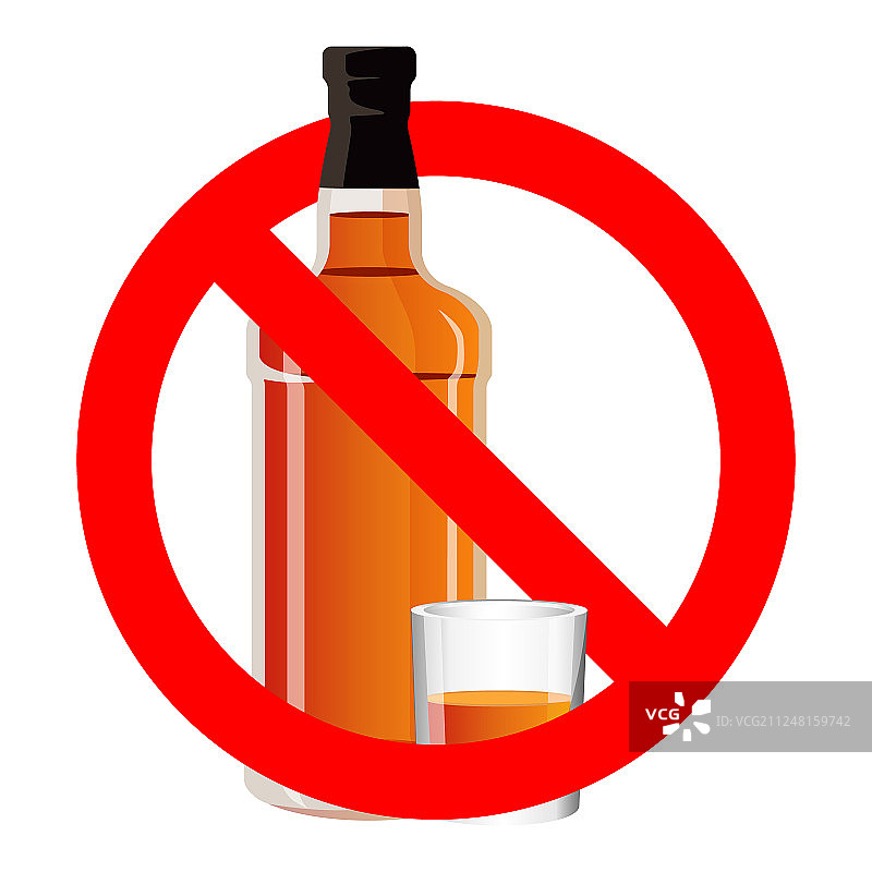 酒精饮料瓶和禁止入内的玻璃杯图片素材