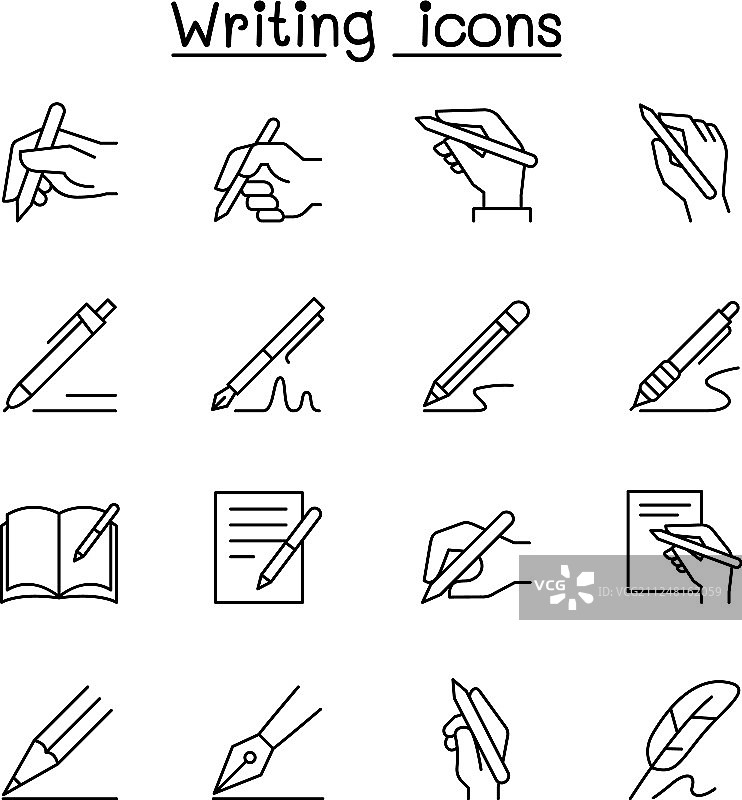 细线风格的书写图标集图片素材