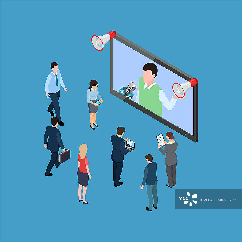 手持扩音器和观看电视节目的商务人士图片素材