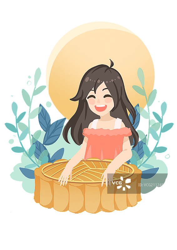 中秋节满月女孩抱月饼赏月免扣插画元素图片素材