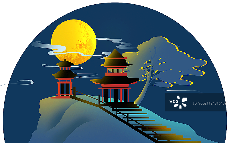 中秋节月亮满月孤山双寺庙带背景免扣插画元素图片素材